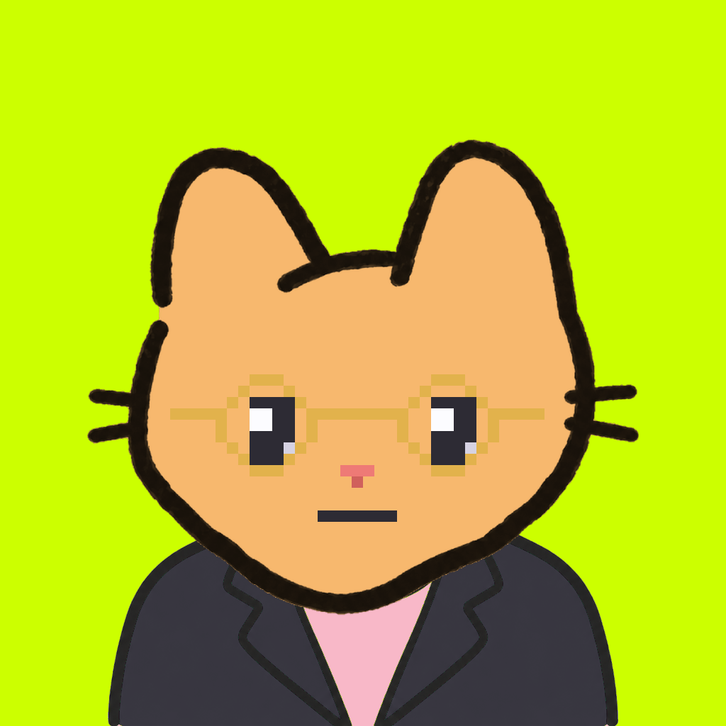 Employee #0402 — a tabby cat, in a black suit, wearing round-gold glasses, on volt