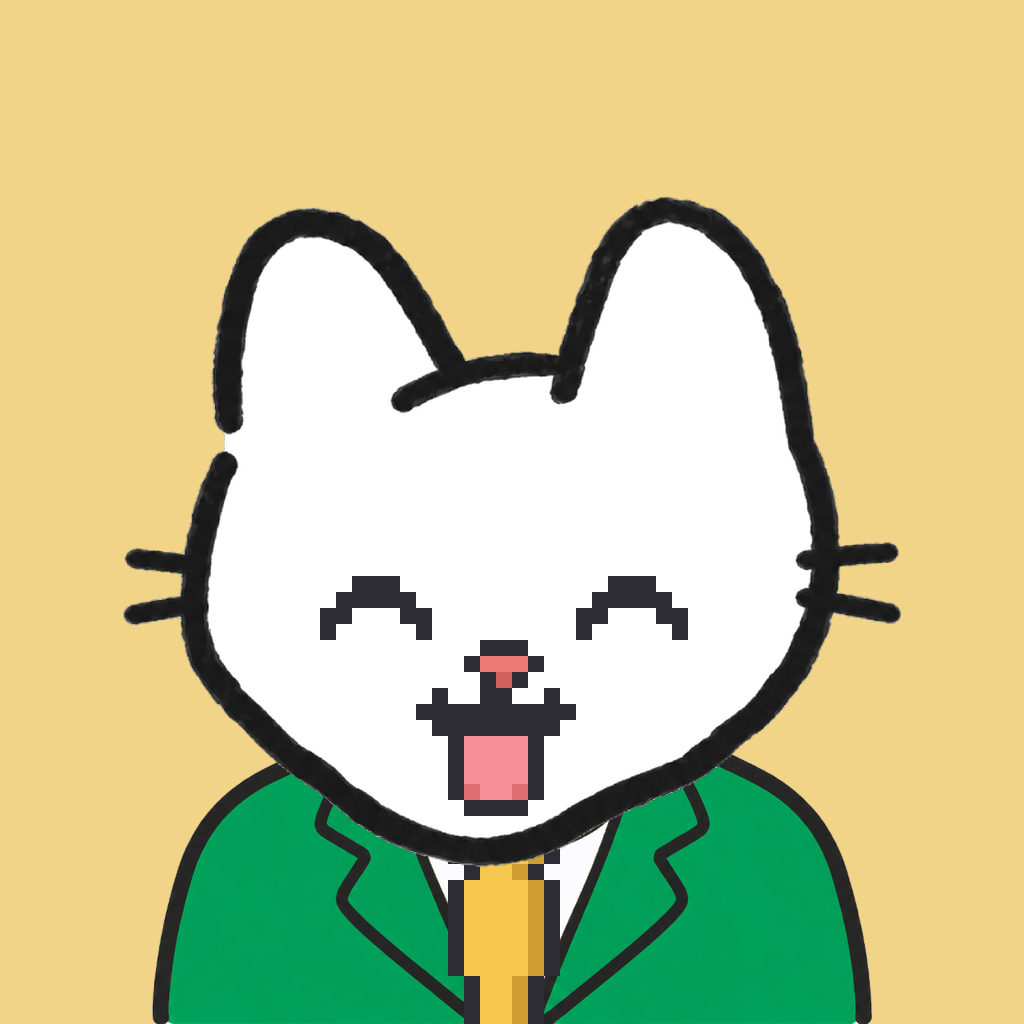 Employee #0403 — a white cat, in a green suit, with a gold tie, on butter