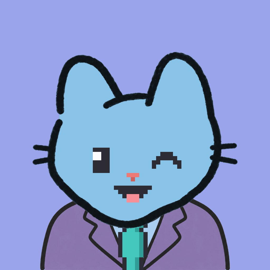 Employee #0404 — a sky cat, in a lavender suit, with a teal tie, on periwinkle