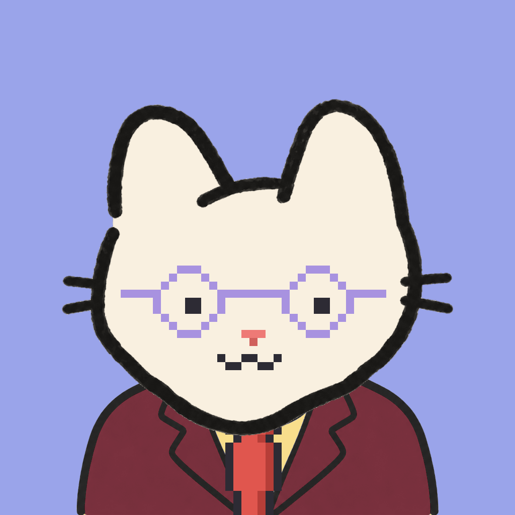 Employee #0405 — a cream cat, in a burgundy suit, with a red tie, wearing round-lavender glasses, on periwinkle
