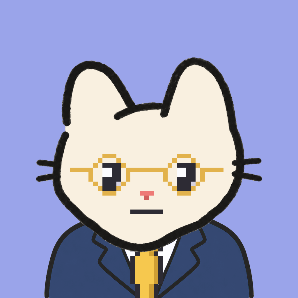 Employee #0406 — a cream cat, in a navy suit, with a gold tie, wearing round-gold glasses, on periwinkle