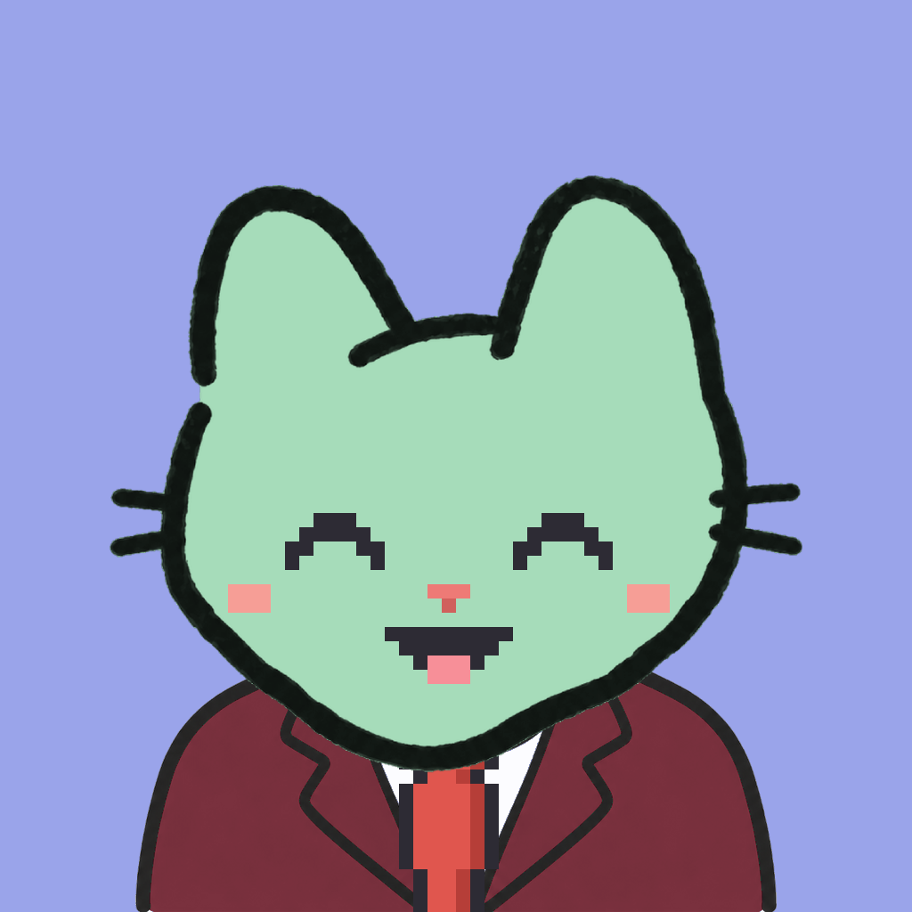Employee #0407 — a mint cat, in a burgundy suit, with a red tie, on periwinkle