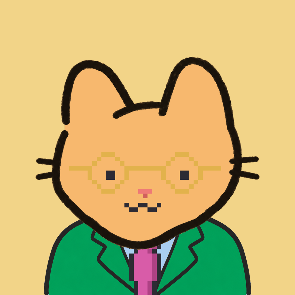Employee #0408 — a tabby cat, in a green suit, with a magenta tie, wearing round-gold glasses, on butter