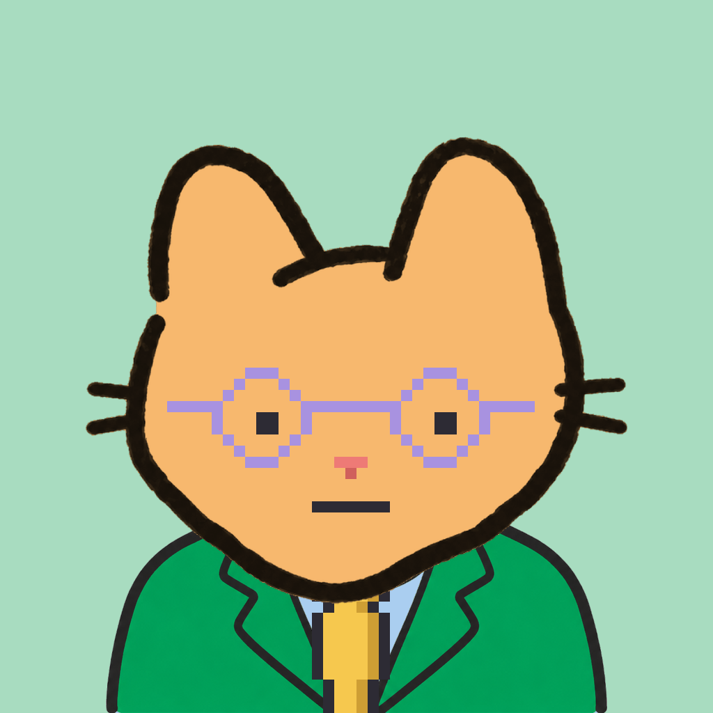 Employee #0409 — a tabby cat, in a green suit, with a gold tie, wearing round-lavender glasses, on mint
