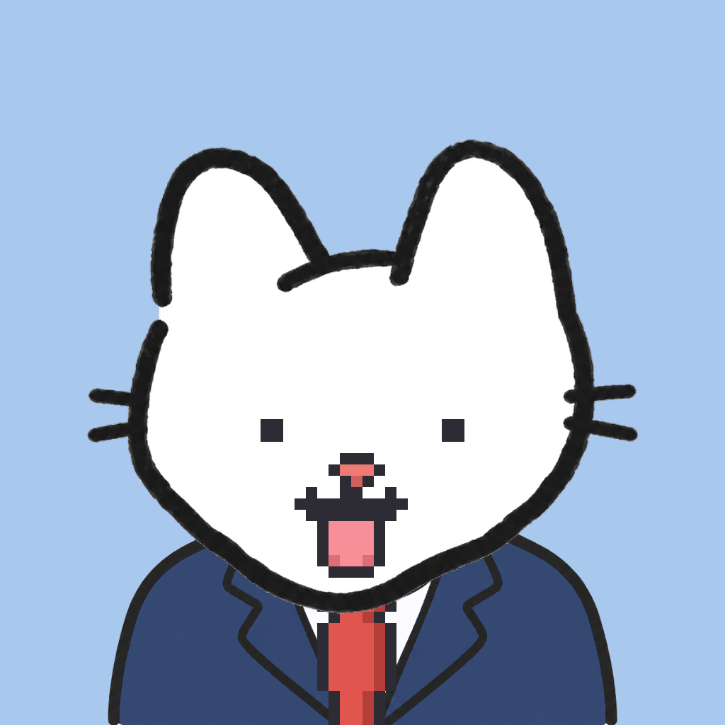 Employee #0041 — a white cat, in a navy suit, with a red tie, on sky