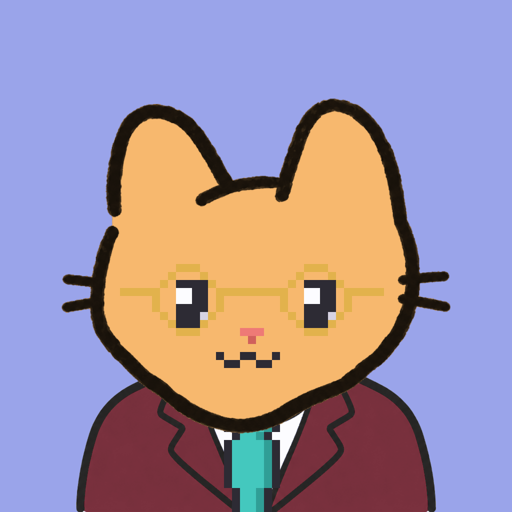 Employee #0410 — a tabby cat, in a burgundy suit, with a teal tie, wearing round-gold glasses, on periwinkle