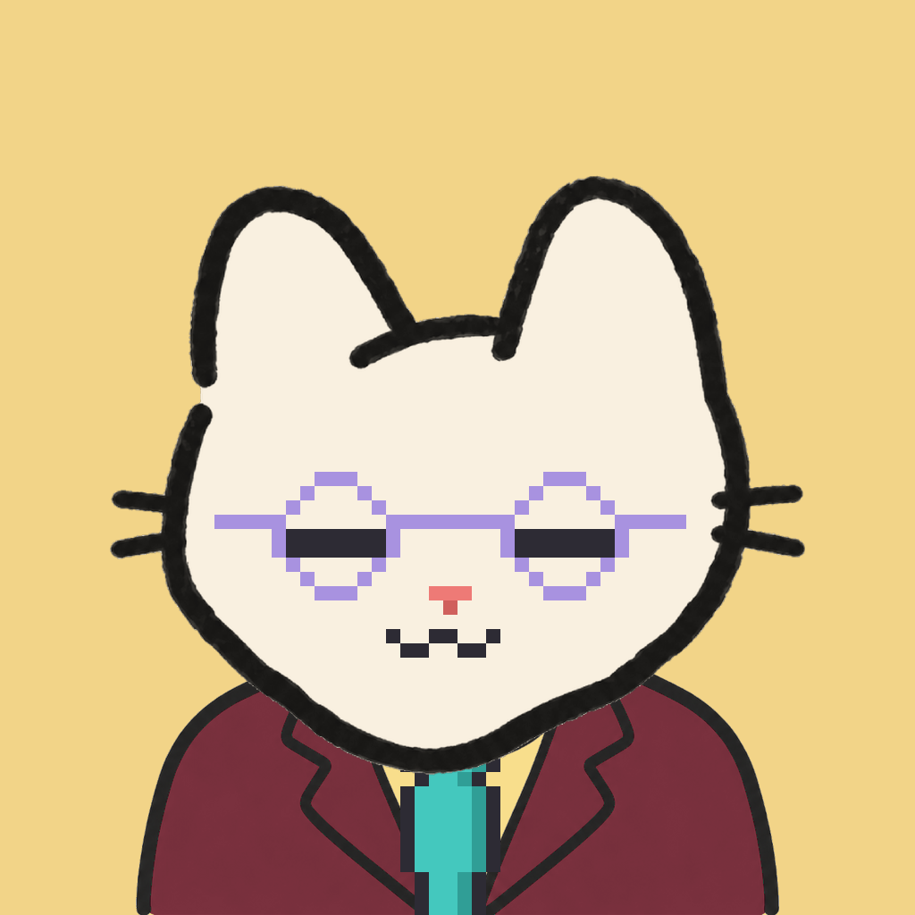 Employee #0411 — a cream cat, in a burgundy suit, with a teal tie, wearing round-lavender glasses, on butter