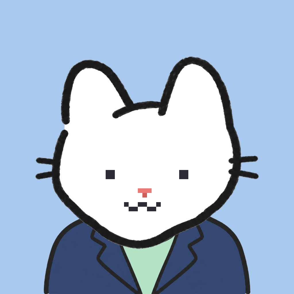 Employee #0412 — a white cat, in a navy suit, on sky