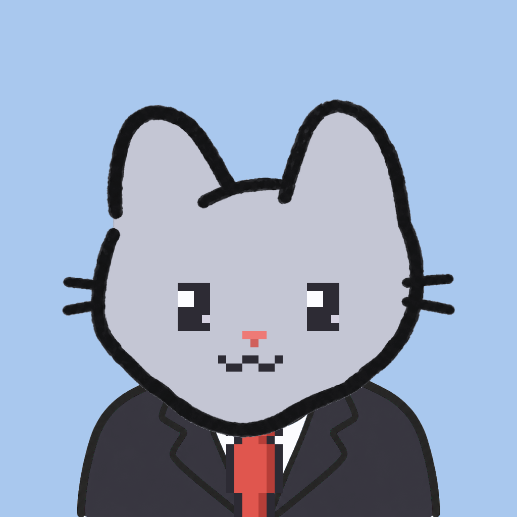 Employee #0413 — a gray cat, in a black suit, with a red tie, on sky