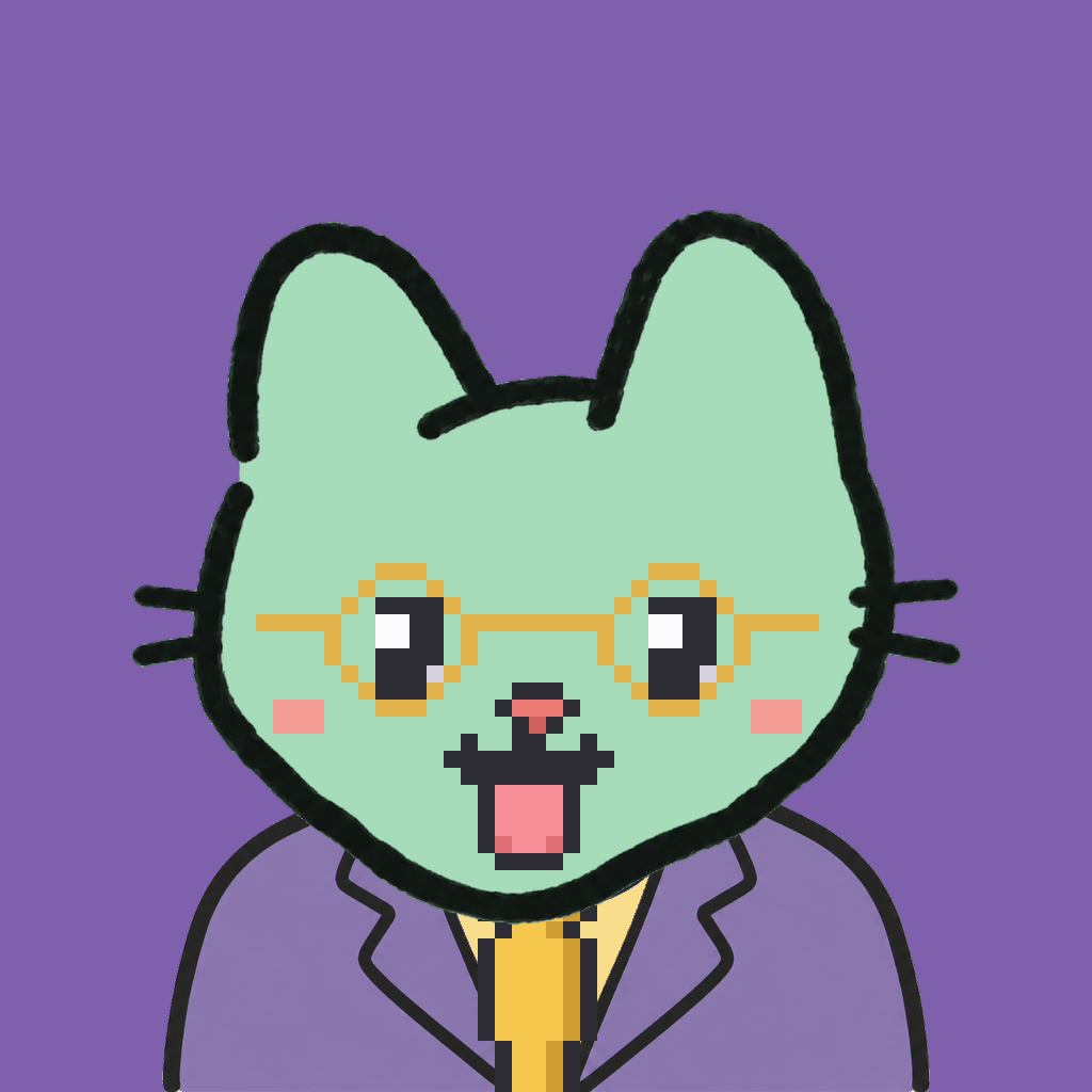 Employee #0414 — a mint cat, in a lavender suit, with a gold tie, wearing round-gold glasses, on plasma violet