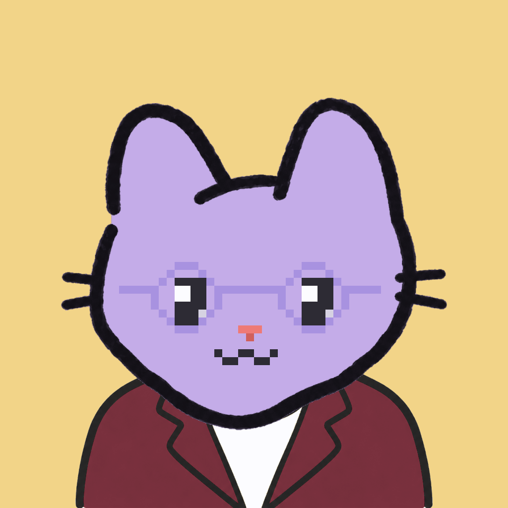 Employee #0415 — a lavender cat, in a burgundy suit, wearing round-lavender glasses, on butter