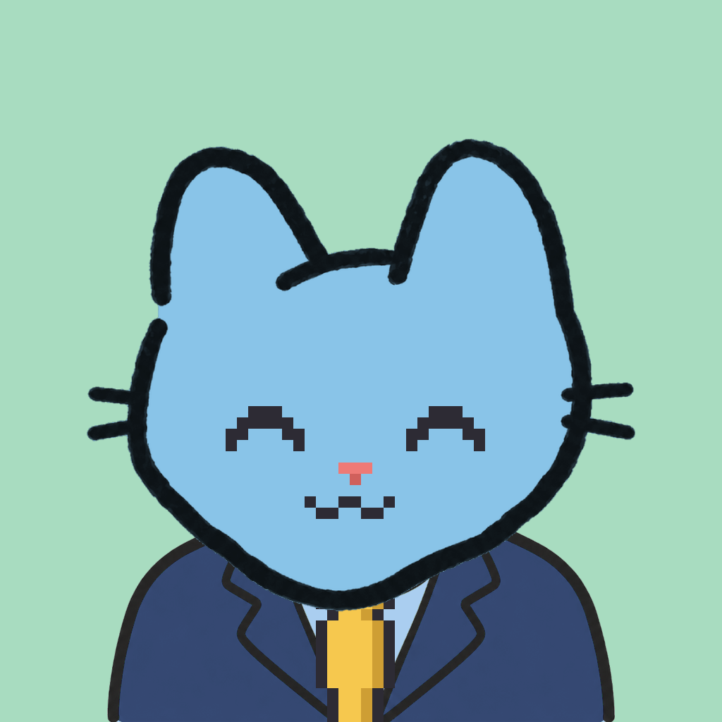 Employee #0416 — a sky cat, in a navy suit, with a gold tie, on mint