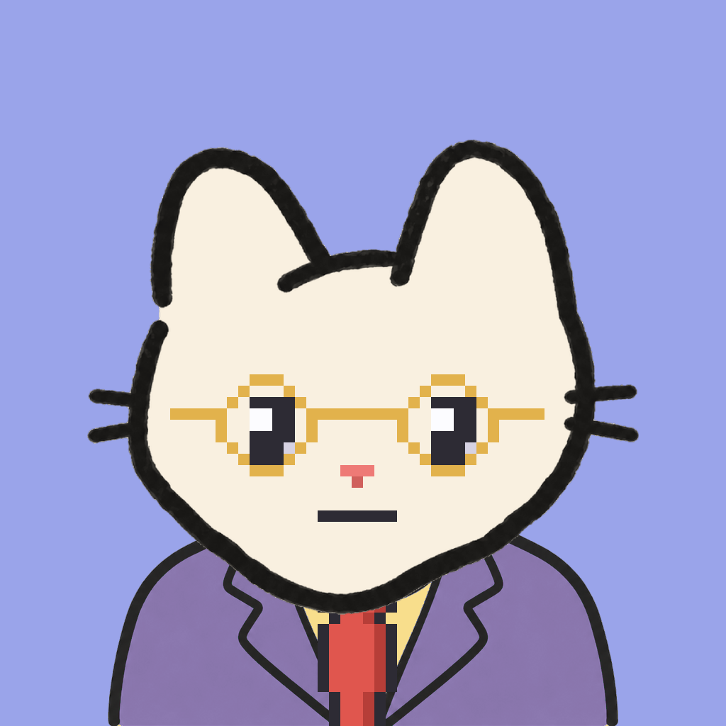 Employee #0417 — a cream cat, in a lavender suit, with a red tie, wearing round-gold glasses, on periwinkle