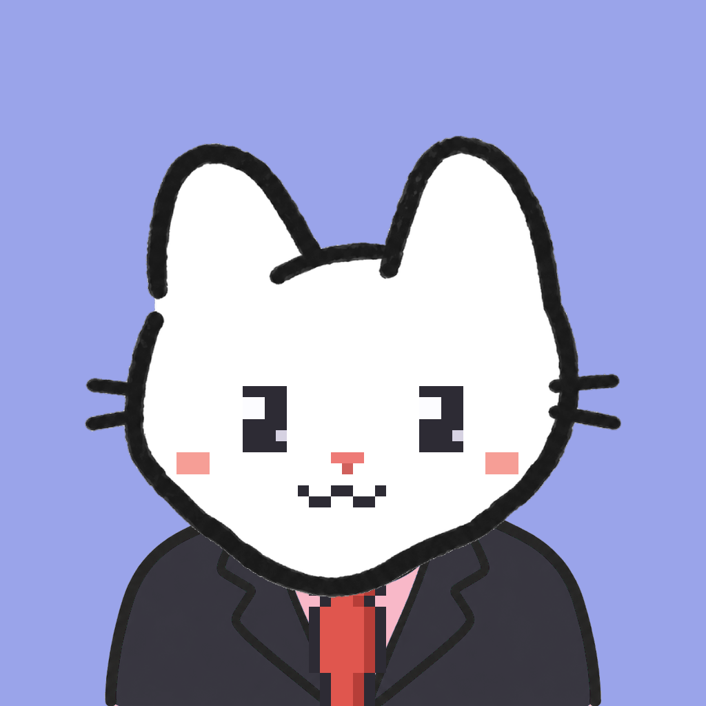 Employee #0418 — a white cat, in a black suit, with a red tie, on periwinkle