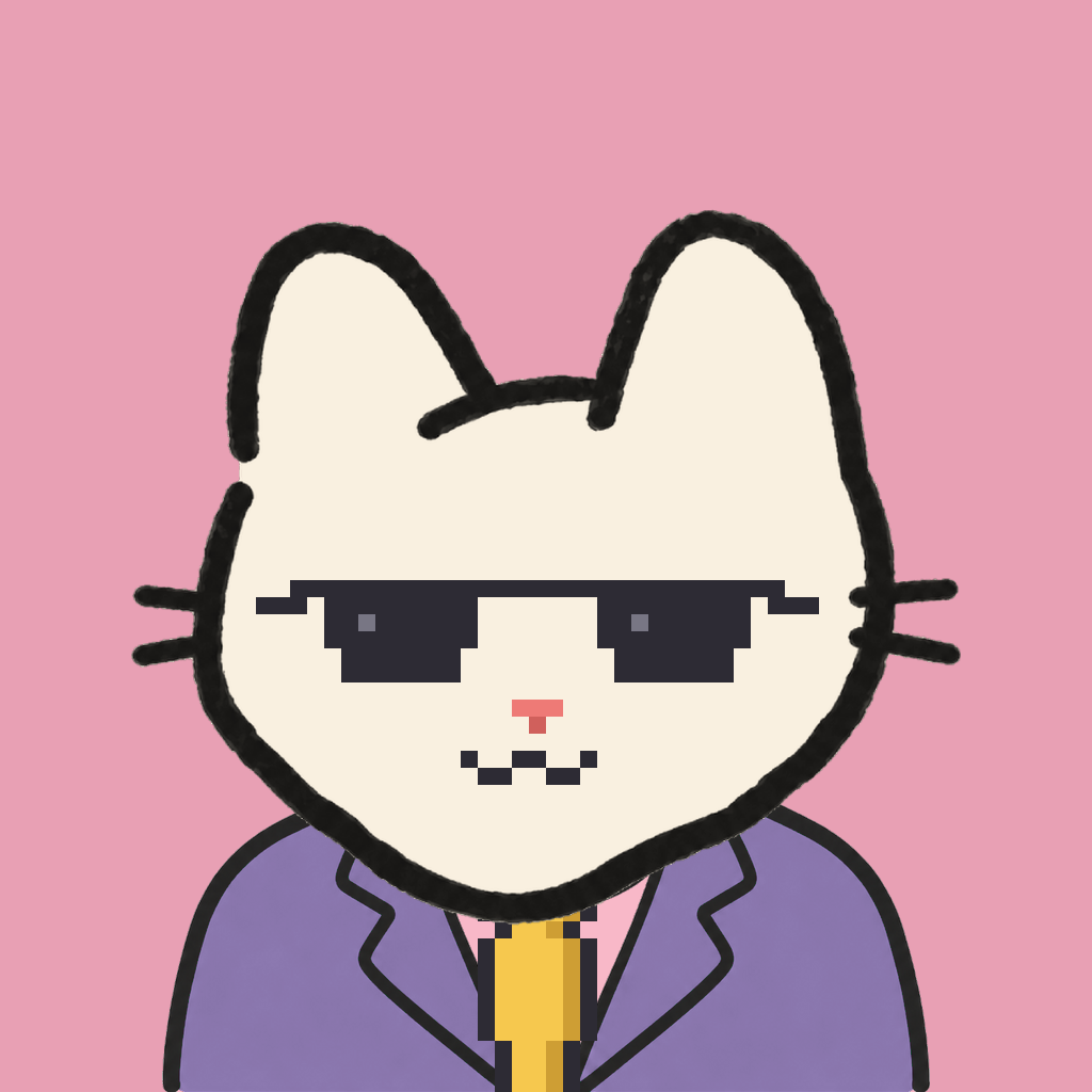 Employee #0419 — a cream cat, in a lavender suit, with a gold tie, wearing shades glasses, on rose