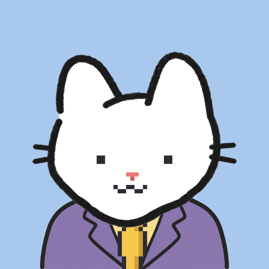 Employee #0042 — a white cat, in a lavender suit, with a gold tie, on sky