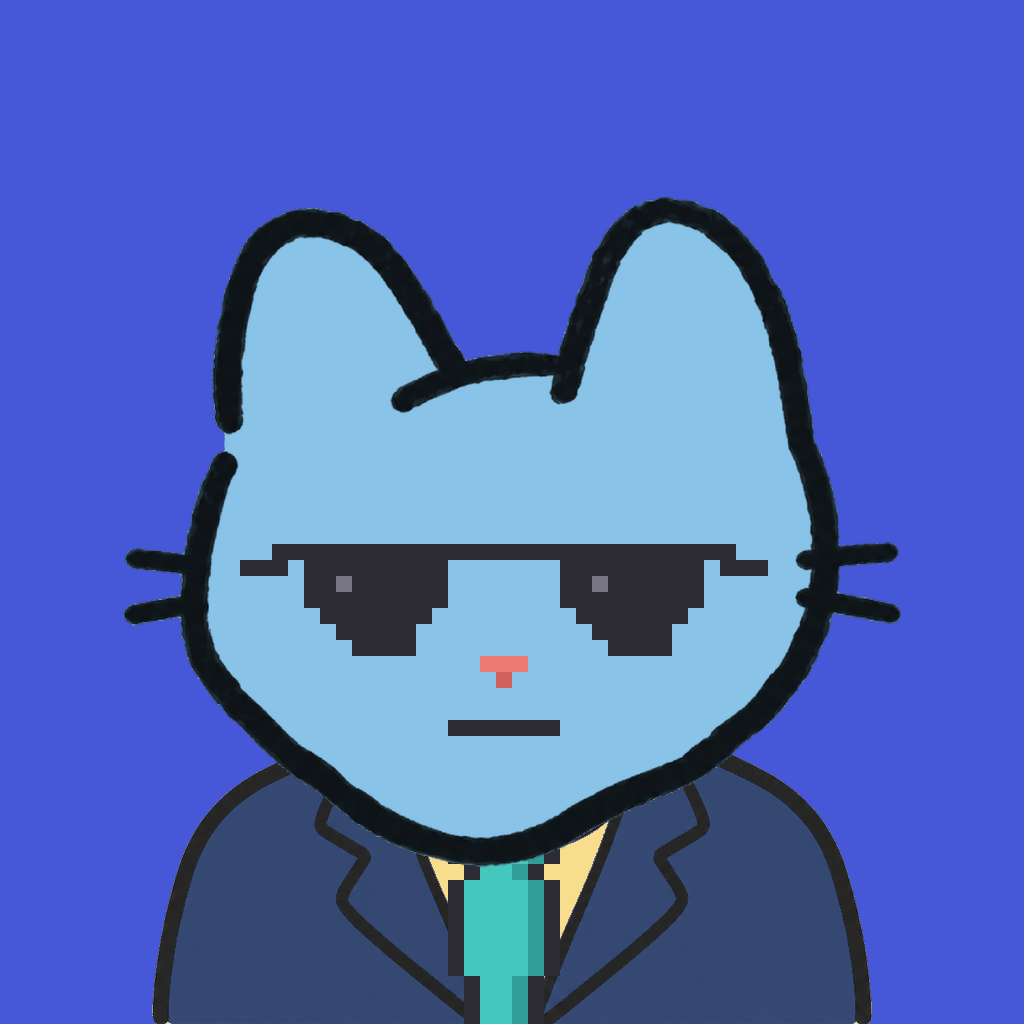 Employee #0420 — a sky cat, in a navy suit, with a teal tie, wearing shades glasses, on royal