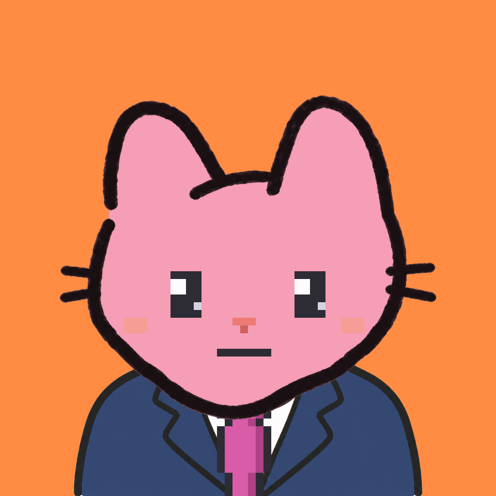 Employee #0421 — a pink cat, in a navy suit, with a magenta tie, on tangerine