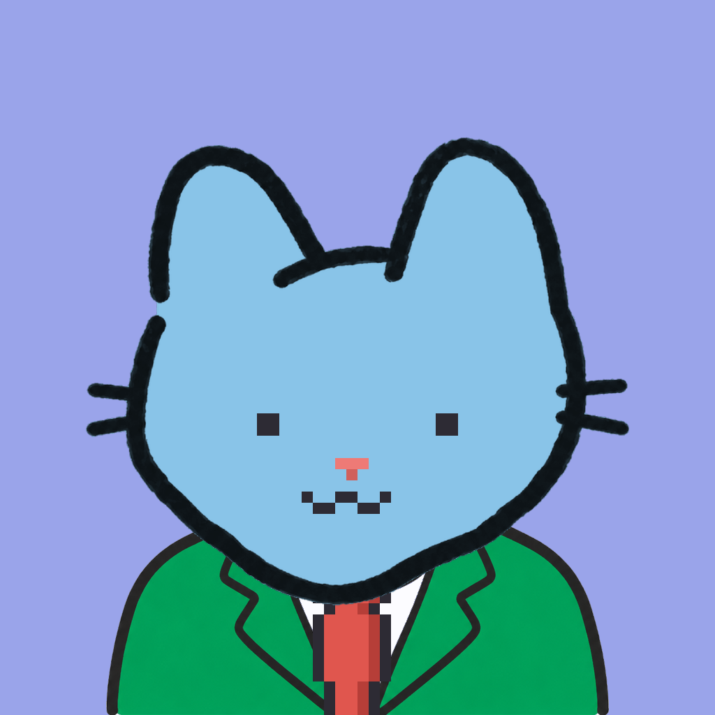 Employee #0422 — a sky cat, in a green suit, with a red tie, on periwinkle