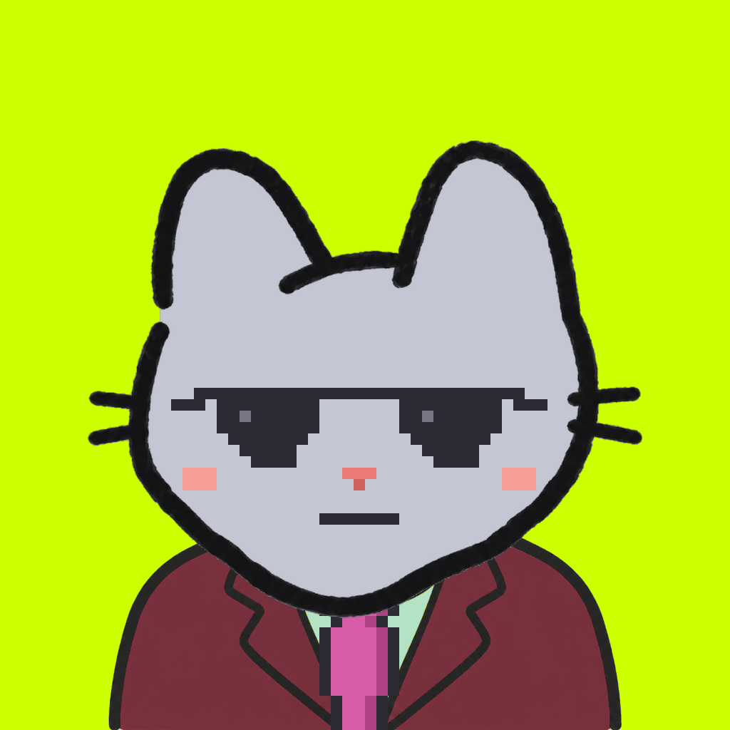 Employee #0423 — a gray cat, in a burgundy suit, with a magenta tie, wearing shades glasses, on volt