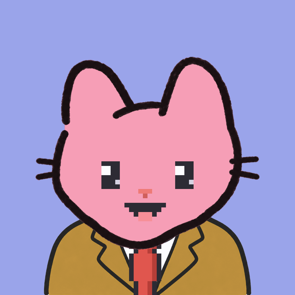 Employee #0424 — a pink cat, in a mustard suit, with a red tie, on periwinkle