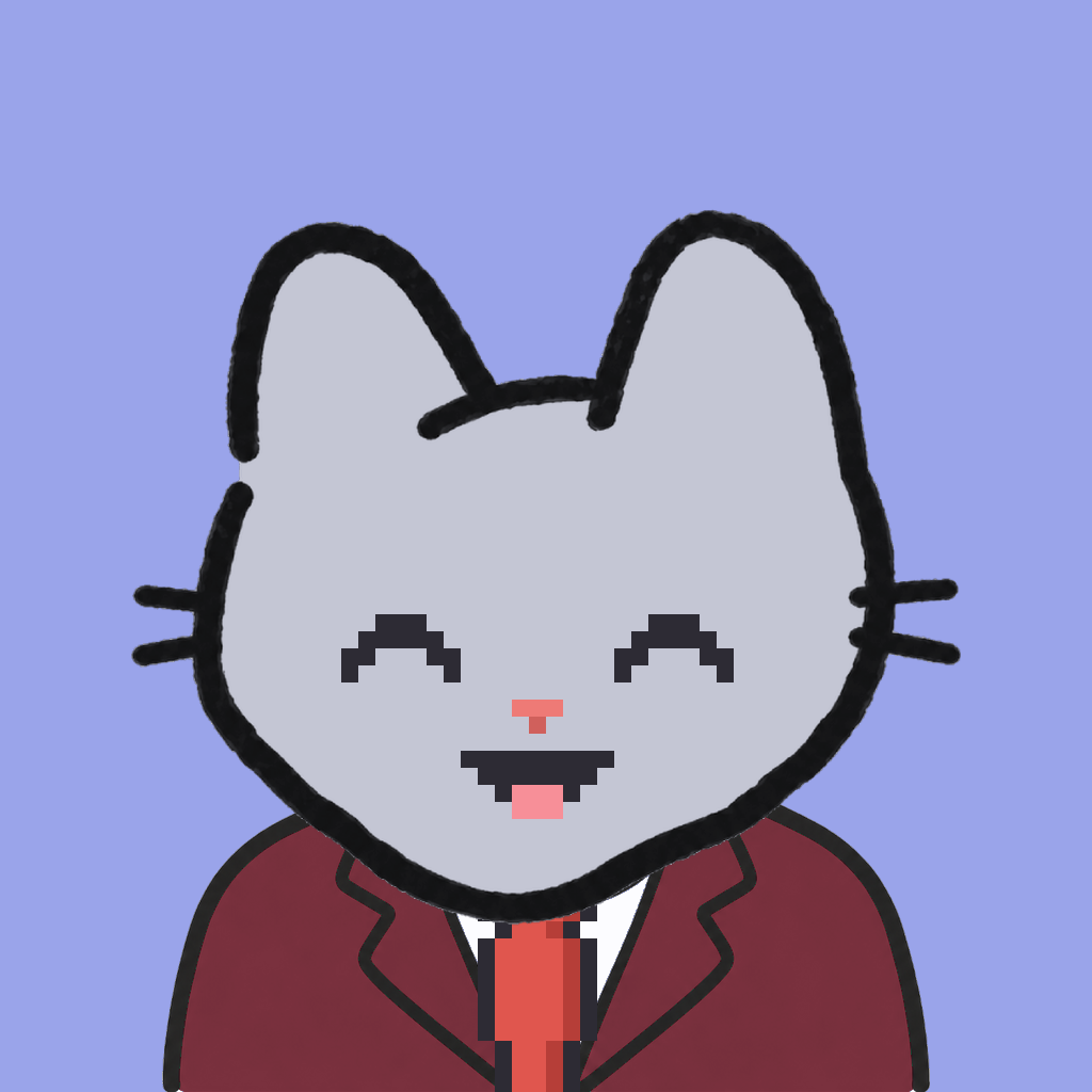Employee #0425 — a gray cat, in a burgundy suit, with a red tie, on periwinkle