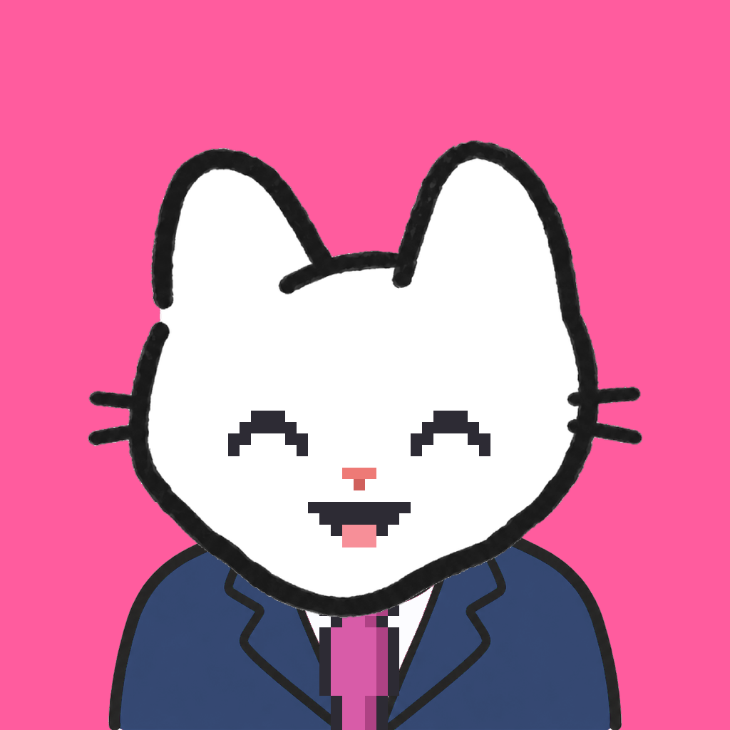Employee #0426 — a white cat, in a navy suit, with a magenta tie, on hot pink