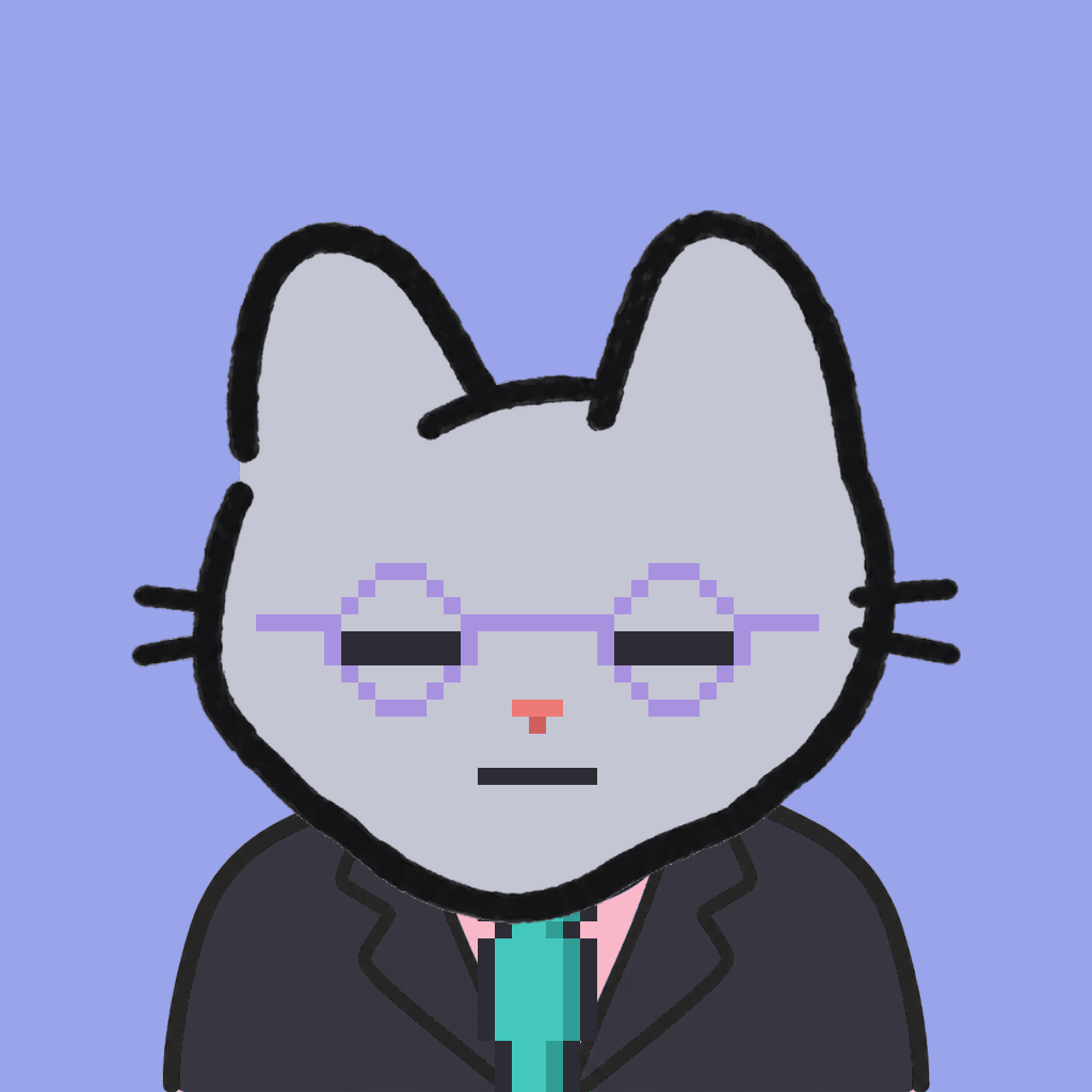 Employee #0427 — a gray cat, in a black suit, with a teal tie, wearing round-lavender glasses, on periwinkle