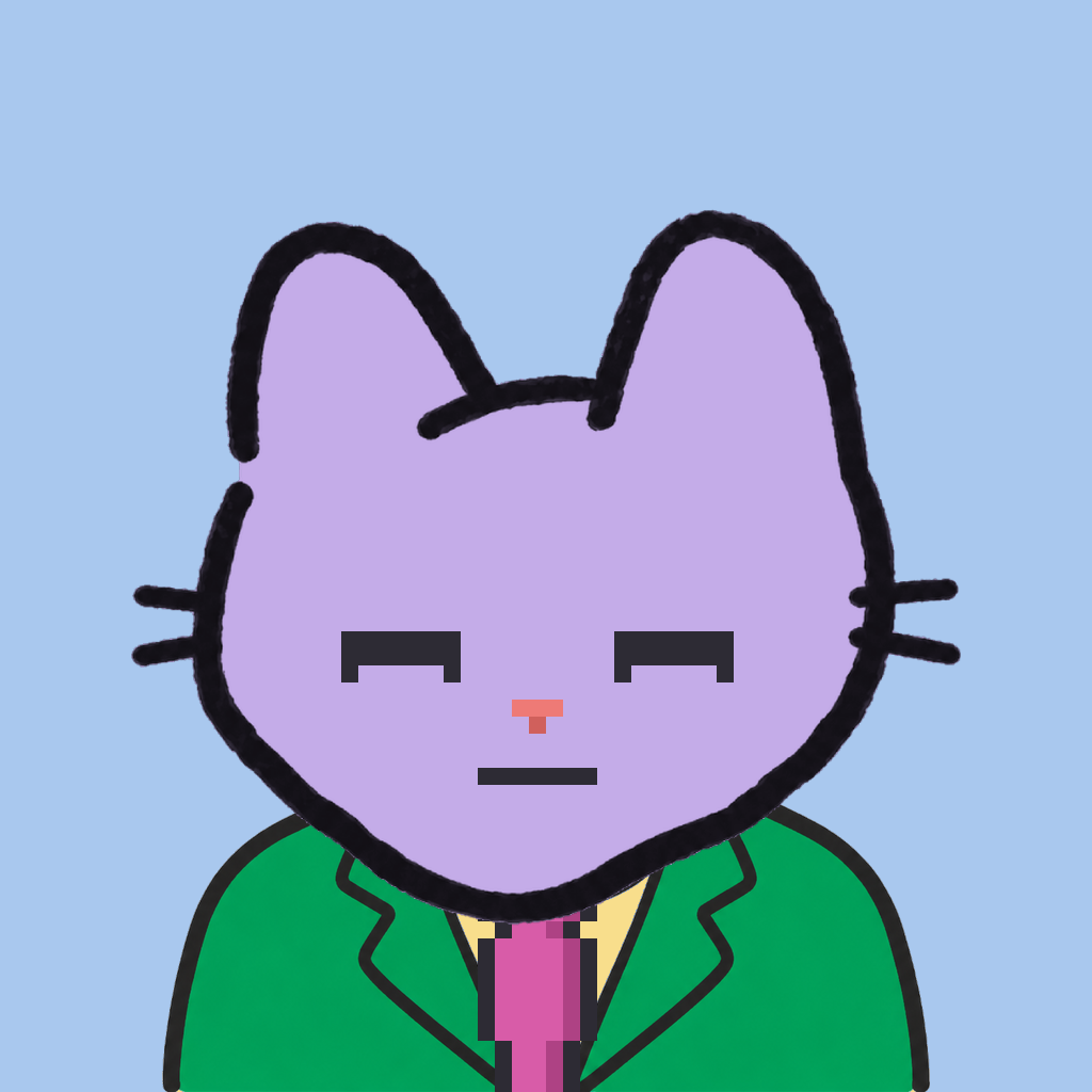 Employee #0428 — a lavender cat, in a green suit, with a magenta tie, on sky