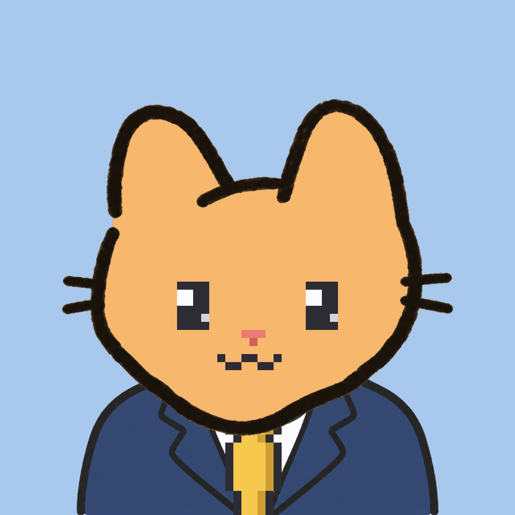 Employee #0429 — a tabby cat, in a navy suit, with a gold tie, on sky