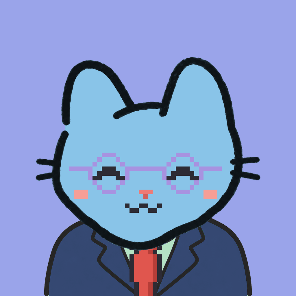 Employee #0043 — a sky cat, in a navy suit, with a red tie, wearing round-lavender glasses, on periwinkle