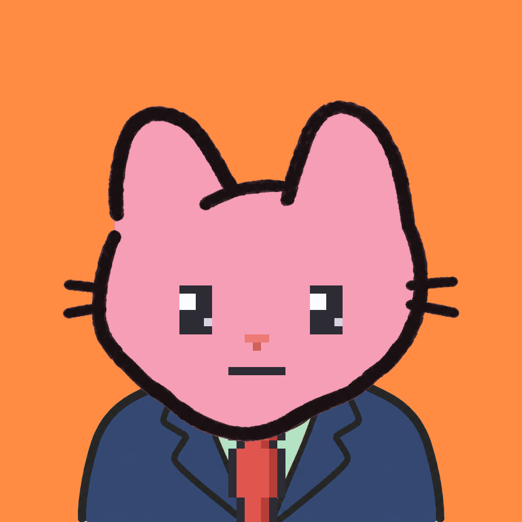 Employee #0430 — a pink cat, in a navy suit, with a red tie, on tangerine
