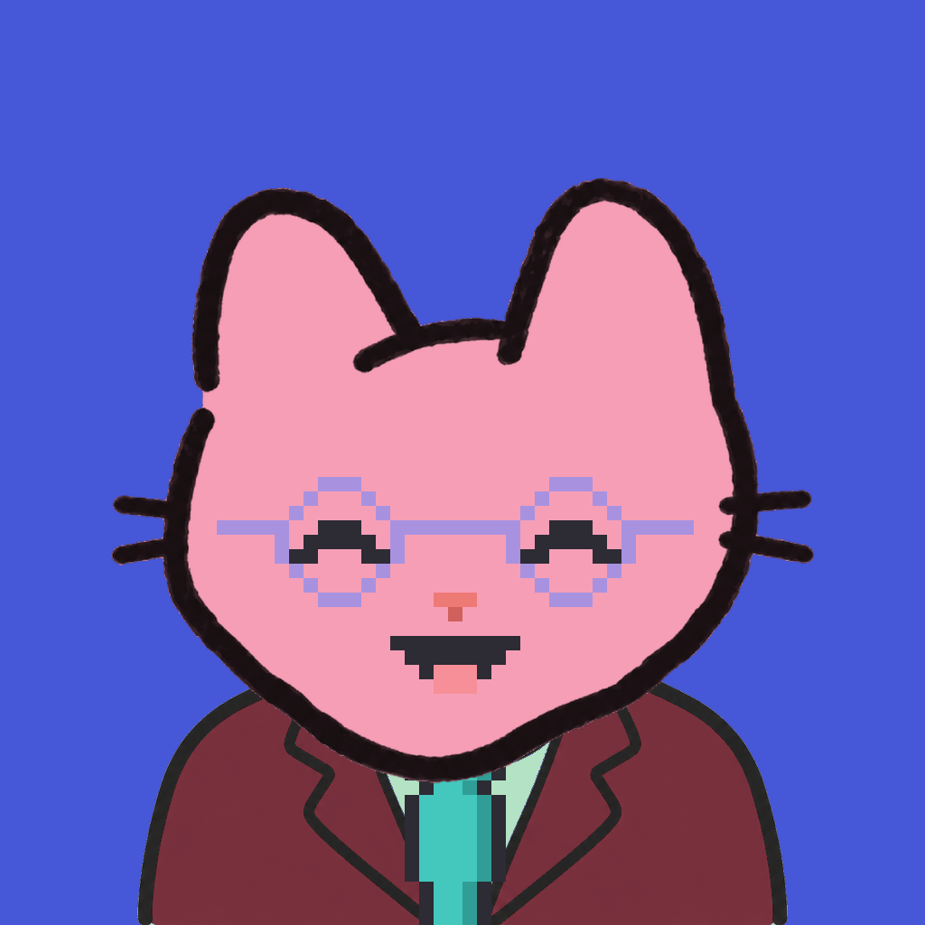 Employee #0431 — a pink cat, in a burgundy suit, with a teal tie, wearing round-lavender glasses, on royal