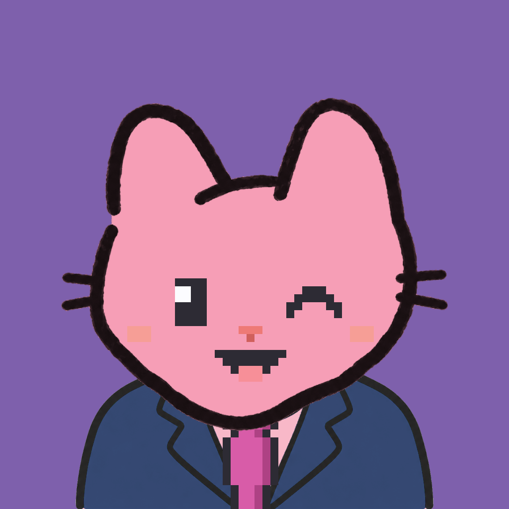 Employee #0432 — a pink cat, in a navy suit, with a magenta tie, on plasma violet