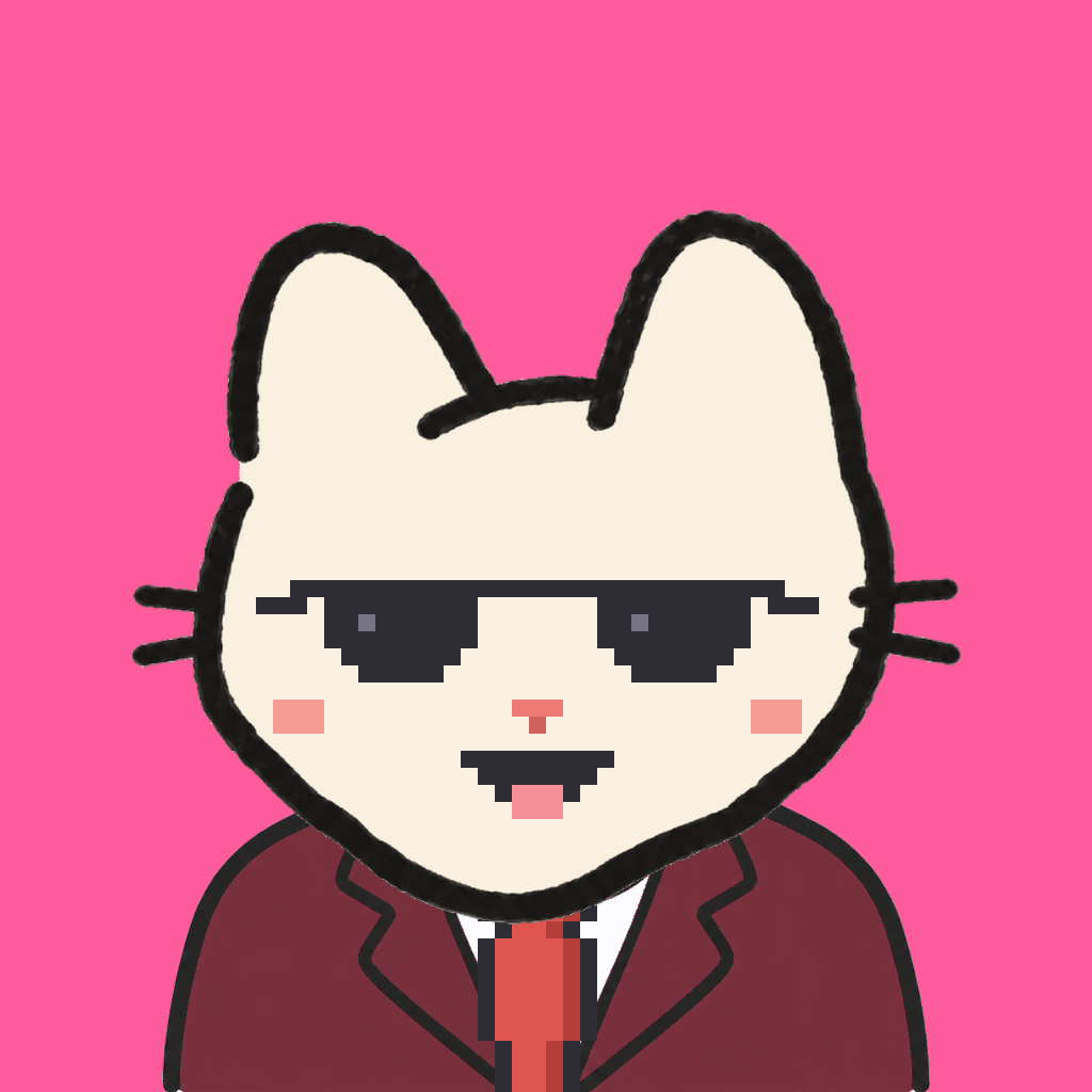 Employee #0433 — a cream cat, in a burgundy suit, with a red tie, wearing shades glasses, on hot pink