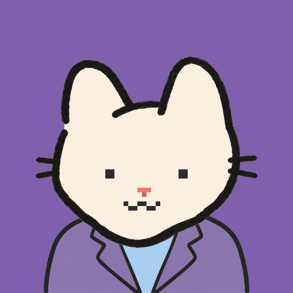 Employee #0434 — a cream cat, in a lavender suit, on plasma violet