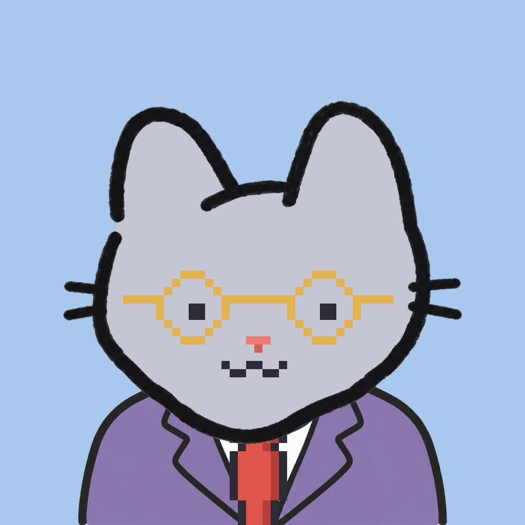 Employee #0435 — a gray cat, in a lavender suit, with a red tie, wearing round-gold glasses, on sky