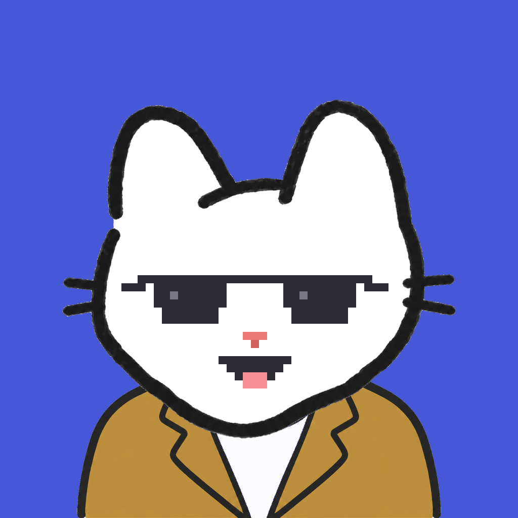 Employee #0436 — a white cat, in a mustard suit, wearing shades glasses, on royal
