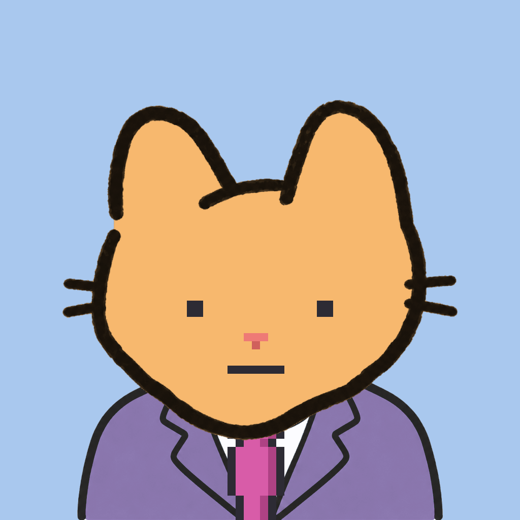 Employee #0437 — a tabby cat, in a lavender suit, with a magenta tie, on sky