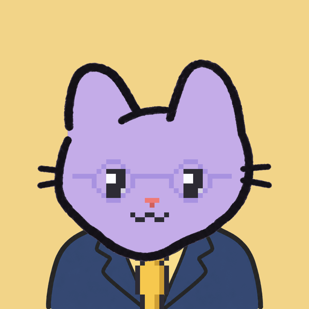 Employee #0438 — a lavender cat, in a navy suit, with a gold tie, wearing round-lavender glasses, on butter