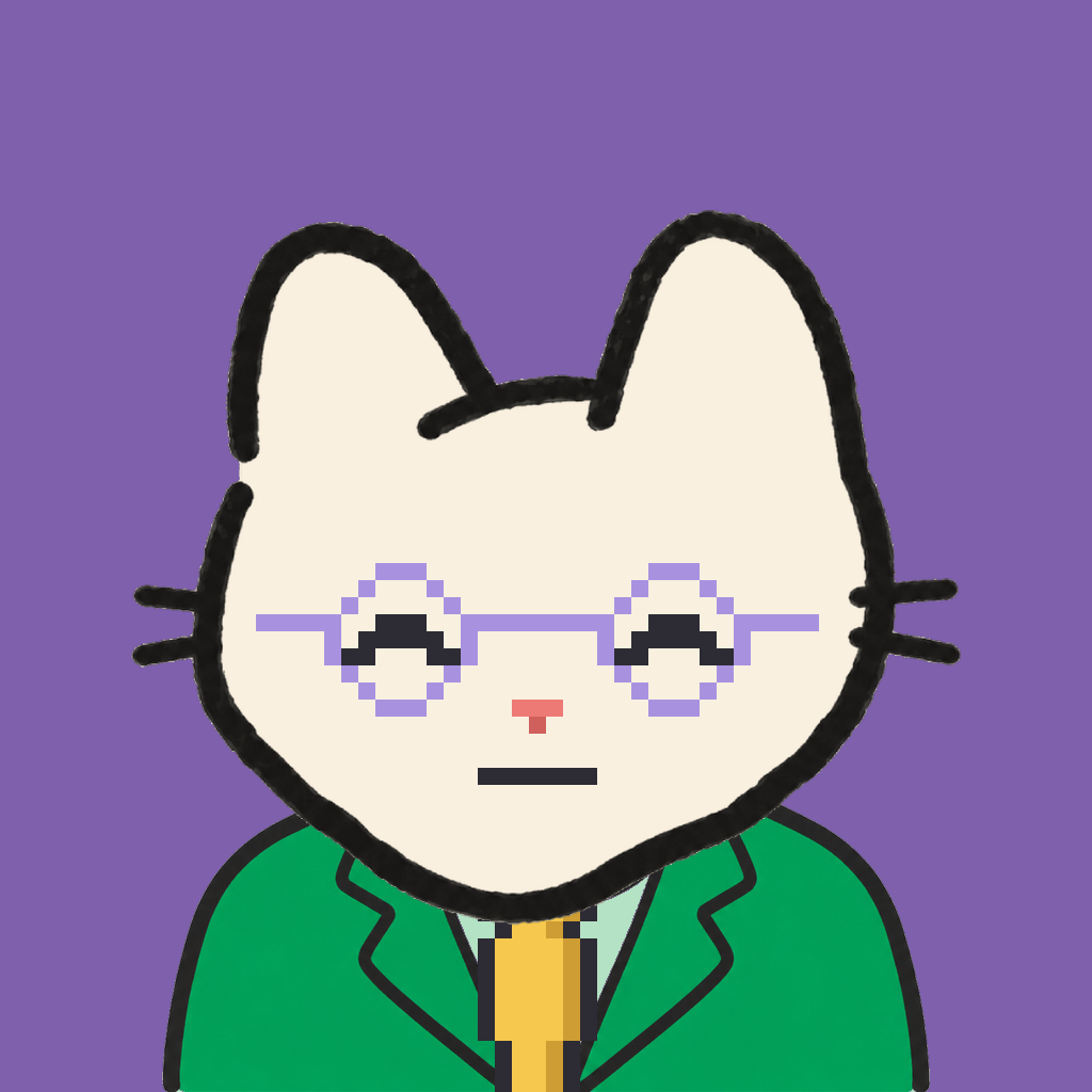Employee #0439 — a cream cat, in a green suit, with a gold tie, wearing round-lavender glasses, on plasma violet