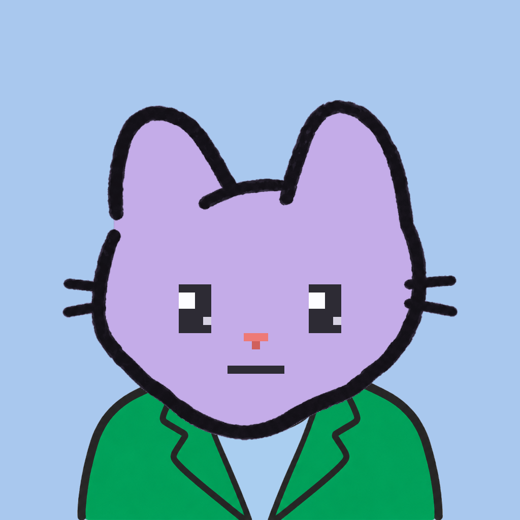 Employee #0044 — a lavender cat, in a green suit, on sky