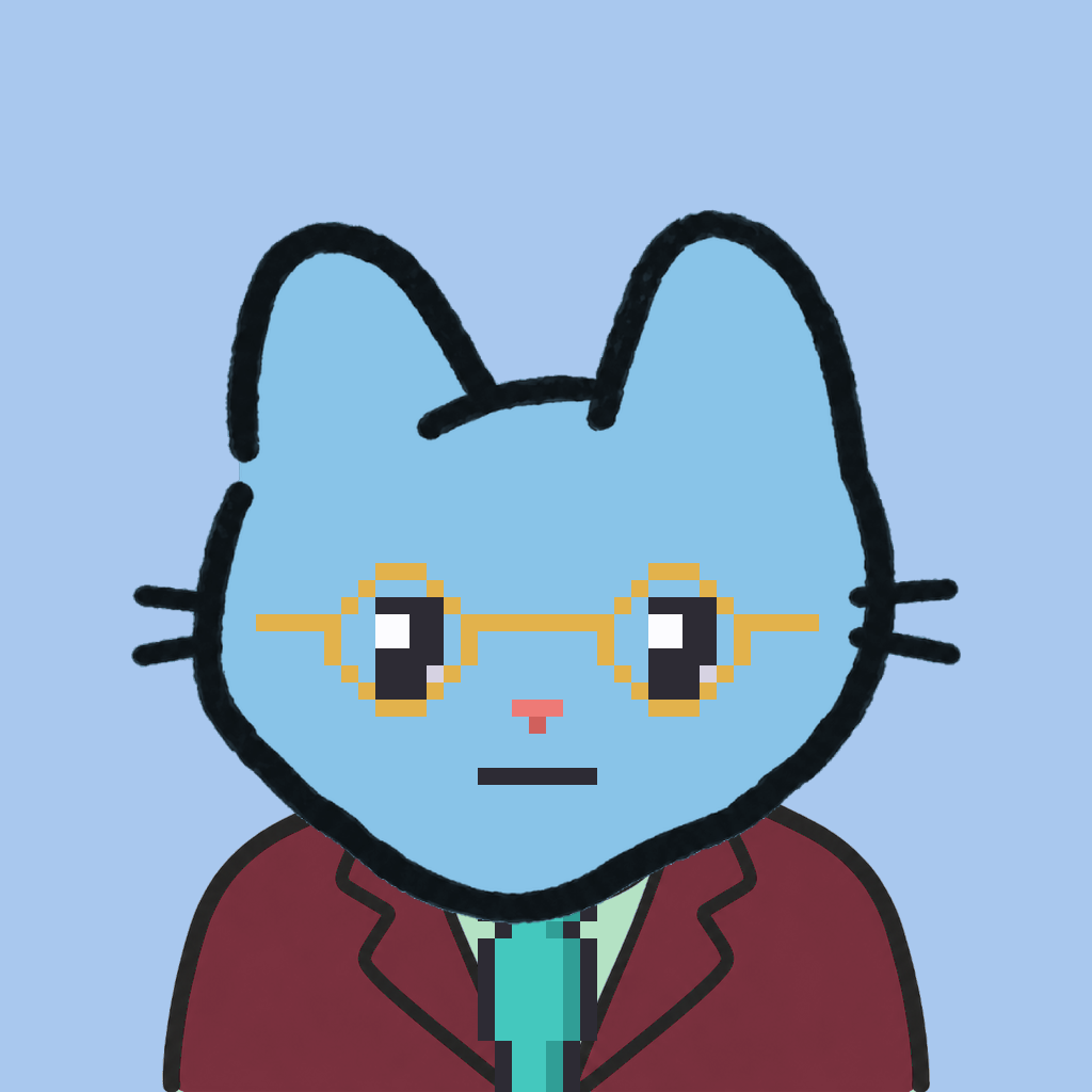 Employee #0440 — a sky cat, in a burgundy suit, with a teal tie, wearing round-gold glasses, on sky