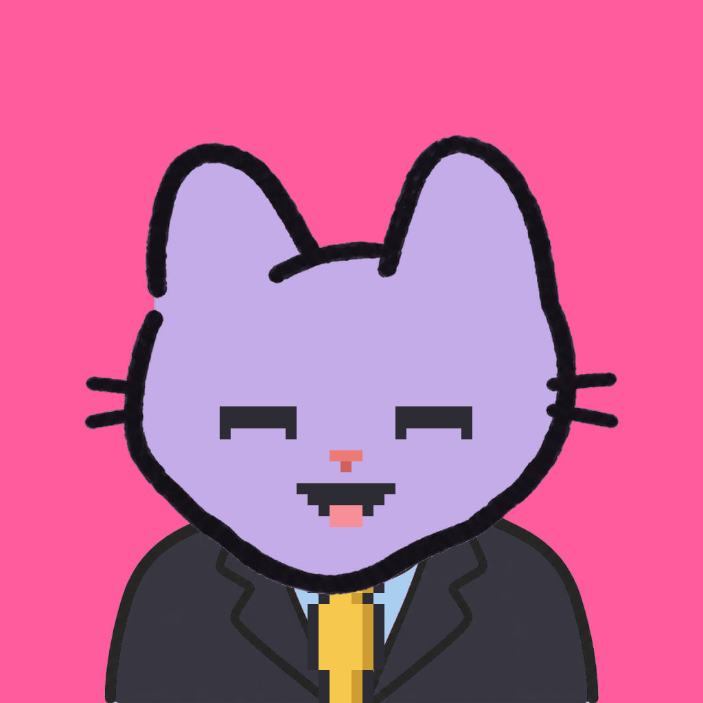 Employee #0441 — a lavender cat, in a black suit, with a gold tie, on hot pink