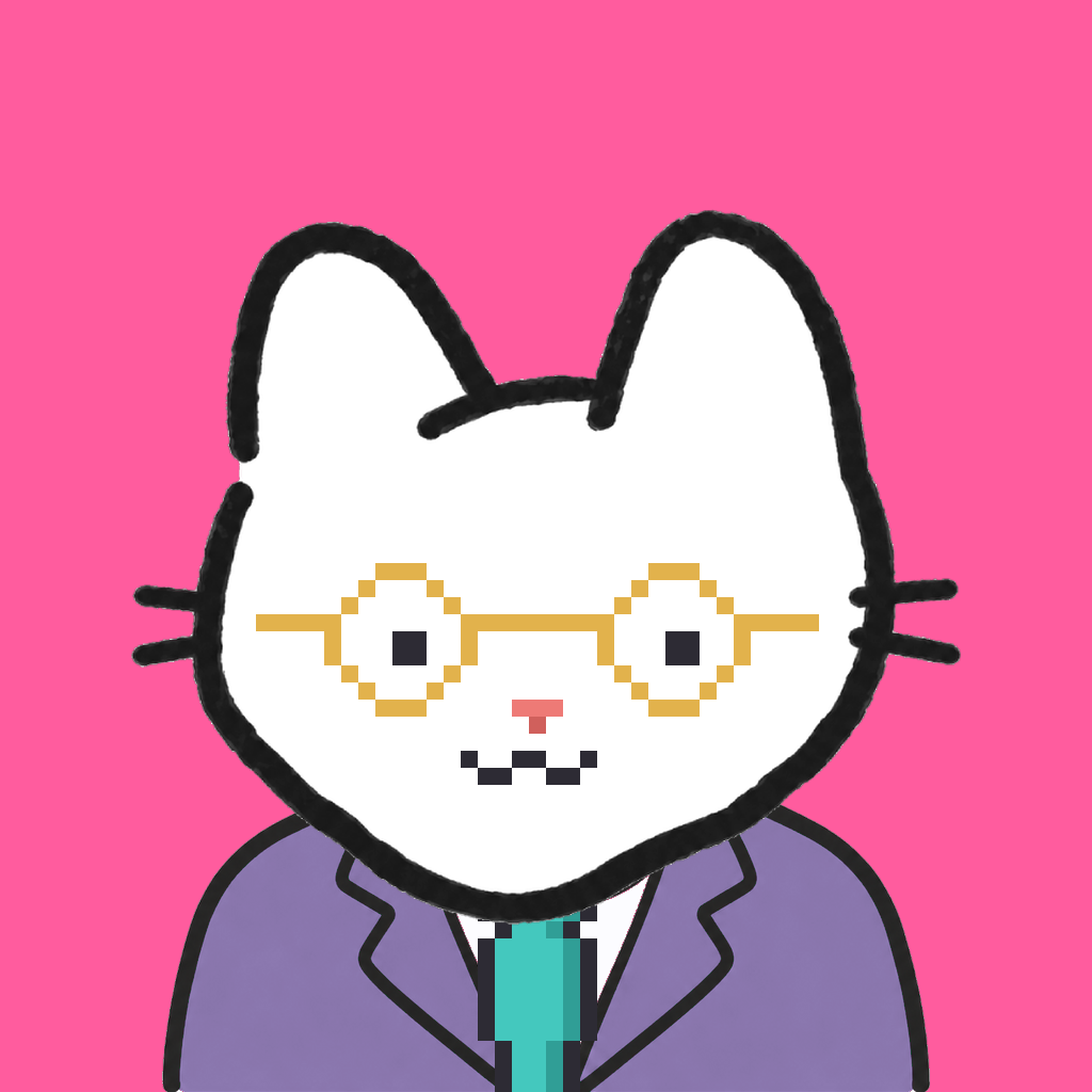 Employee #0442 — a white cat, in a lavender suit, with a teal tie, wearing round-gold glasses, on hot pink