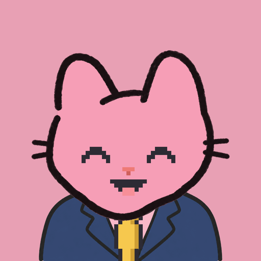 Employee #0443 — a pink cat, in a navy suit, with a gold tie, on rose