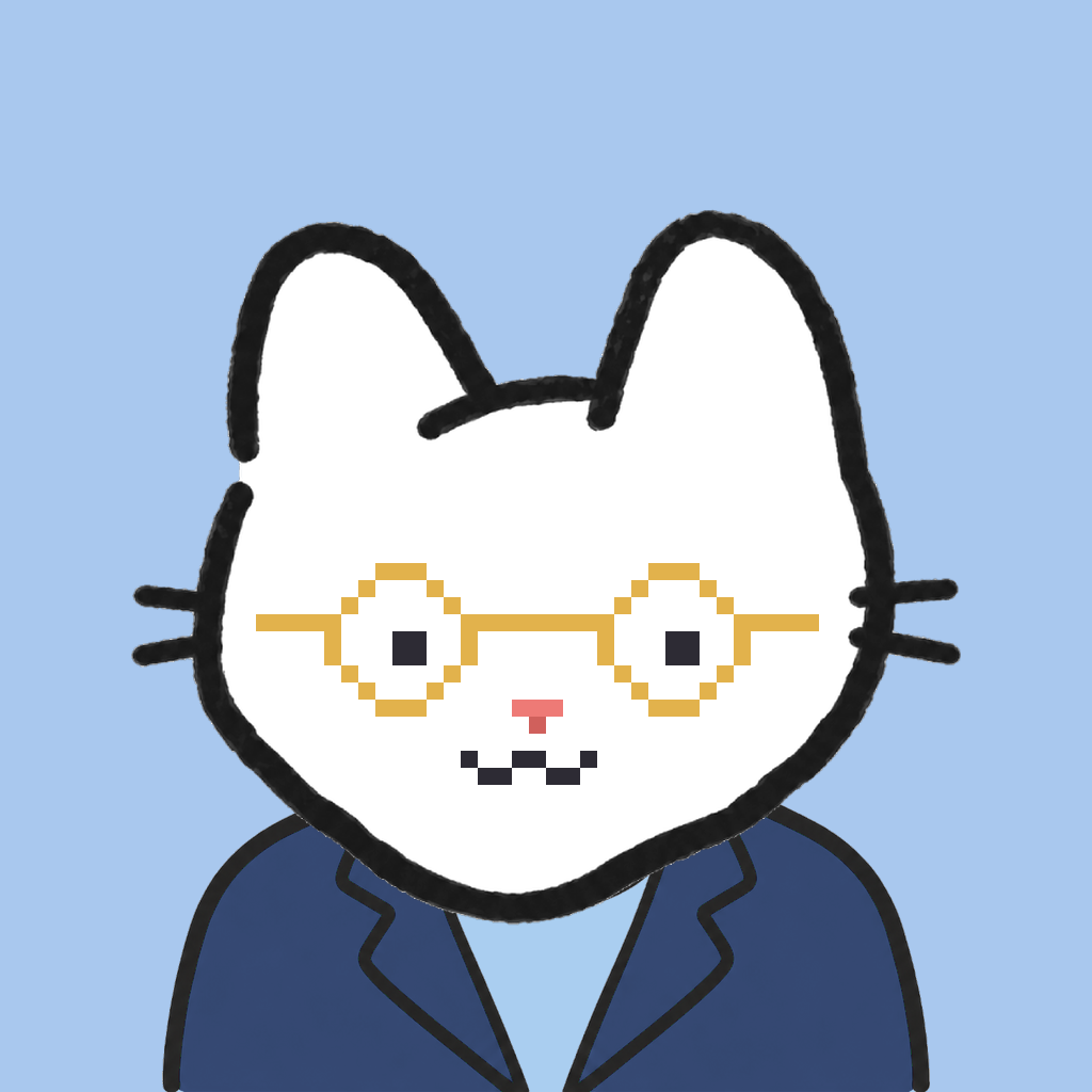 Employee #0444 — a white cat, in a navy suit, wearing round-gold glasses, on sky
