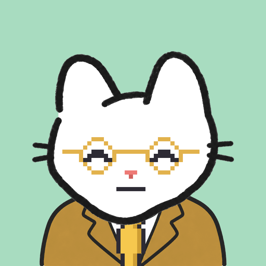 Employee #0445 — a white cat, in a mustard suit, with a gold tie, wearing round-gold glasses, on mint