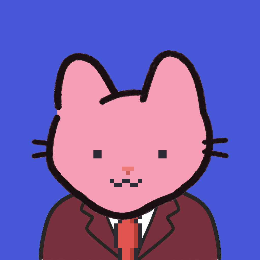 Employee #0446 — a pink cat, in a burgundy suit, with a red tie, on royal