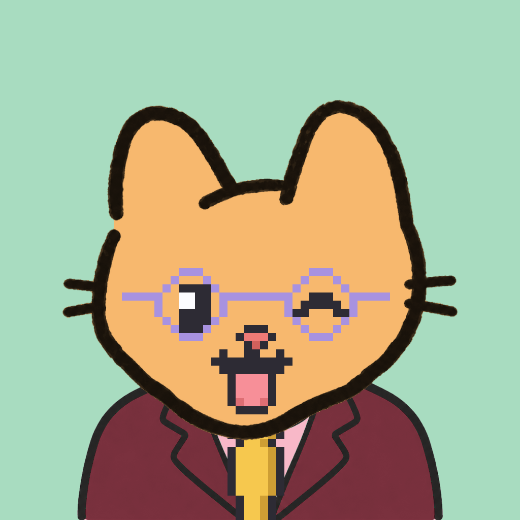 Employee #0447 — a tabby cat, in a burgundy suit, with a gold tie, wearing round-lavender glasses, on mint